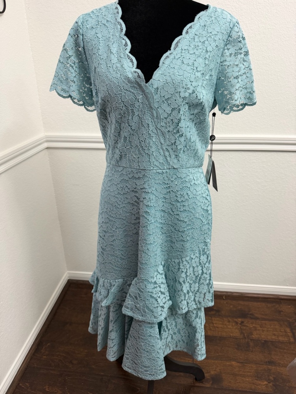 Adrianna Papell Light Blue Lace Wrap Midi Dress